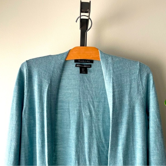 Tahari 100% Merino Wool Long Longline Open Knit Cardigan Sweater Ice Blue Small - Picture 8 of 10